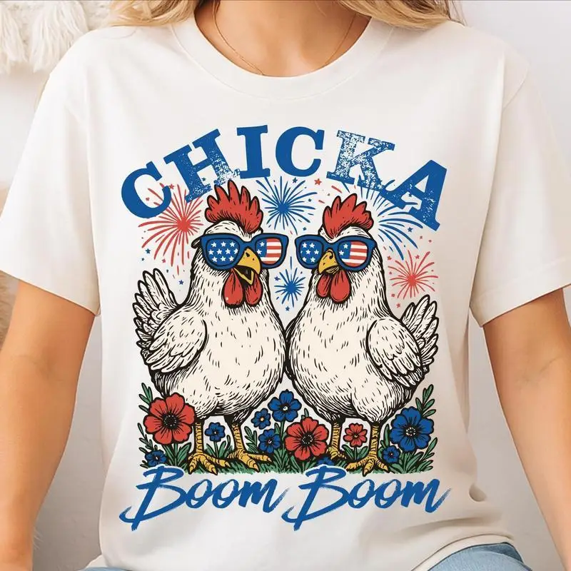 

"Chicka Boom Boom T-Shirt for Women | Funny Chicken Patriotic Graphic Tee | 4th of July Celebration Outfit | American Flag Gift"