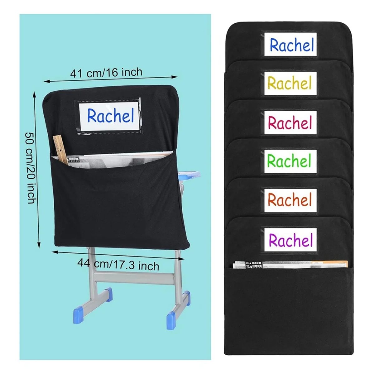6 قطع جيب تخزين الكرسي وحقيبة الكرسي وجيوب الكرسي للفصول الدراسية وجيوب كرسي الطالب ومنظم الكرسي مع علامة الاسم