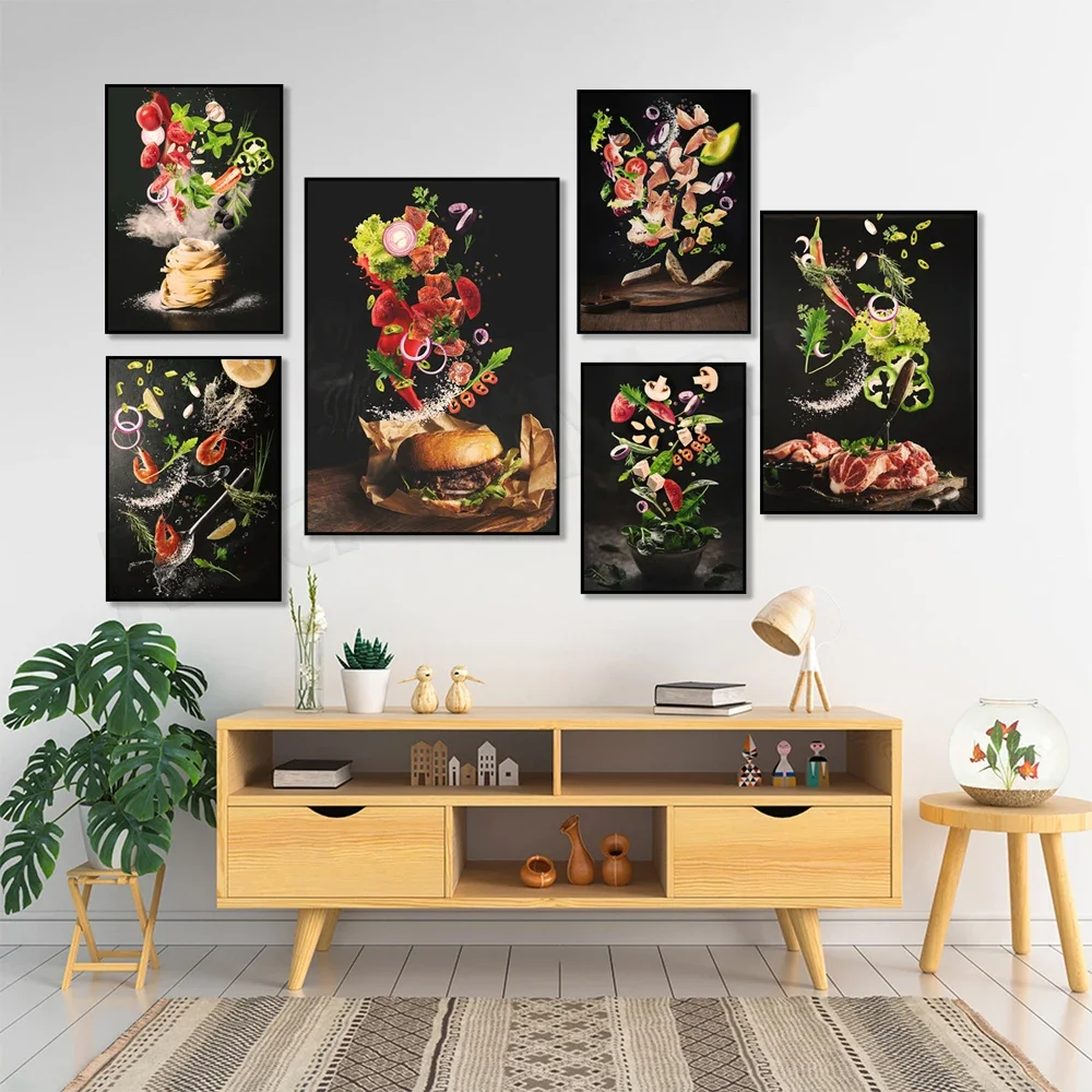 Shrimp preparation, salad, delicious meat and ingredients, bread, delicious burger, spaghetti gourmet kitchen decoration poster