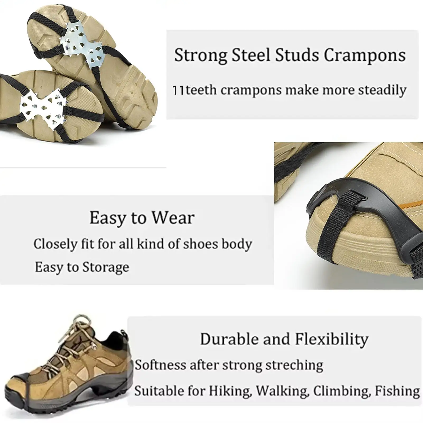 المرابط الجليد للأحذية الفولاذ المقاوم للصدأ الجر الأشرطة الثلوج السلامة المسامير أغطية الحذاء للمشي في الهواء الطلق الصيد المشي #1