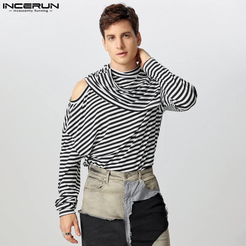 INCERUN 2024 Men's Hot Sale Tops Fashionable Swing Neck Hollow Striped T-shirt Casual City Walk Male Long Sleeved Camiseta S-5XL