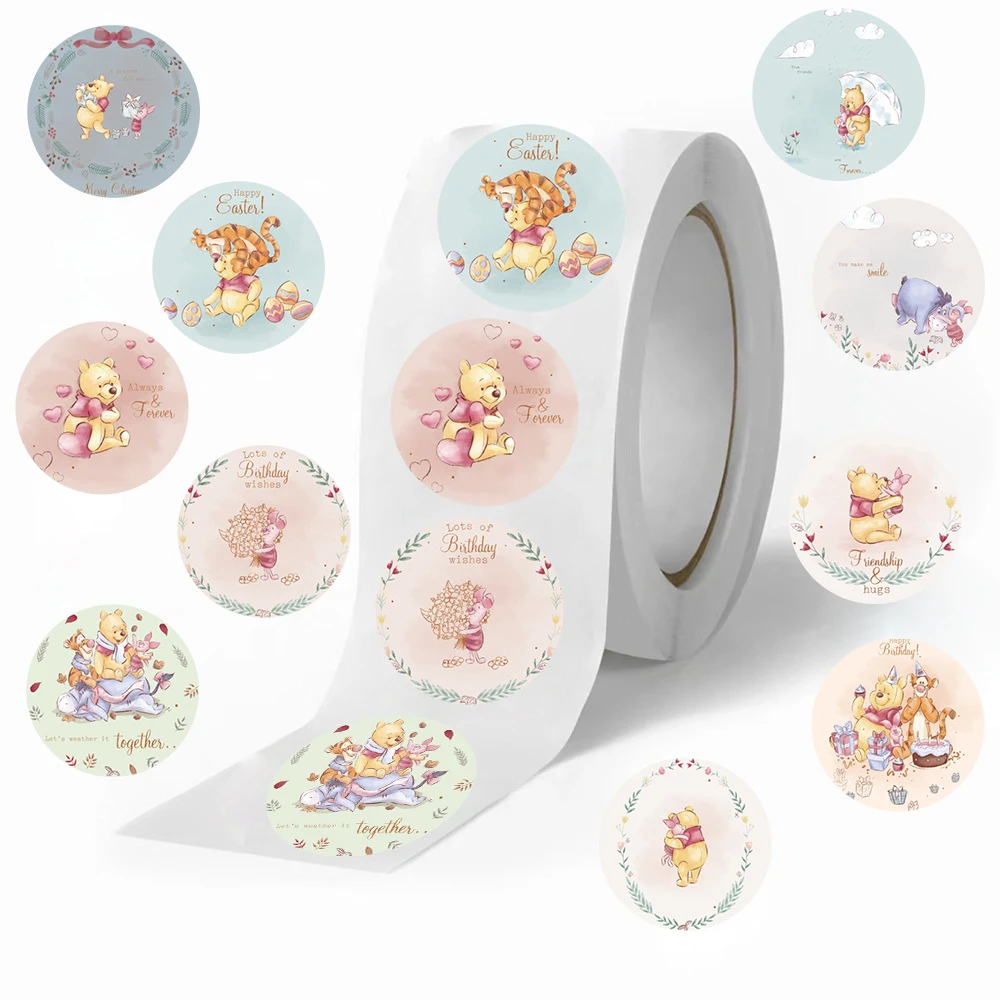 500pcs/Roll Disney Cartoon Winnie The Pooh Stickers Anime Pooh Bear Piglet Tigger DecalsWaterproof Decorations Sealing Labels