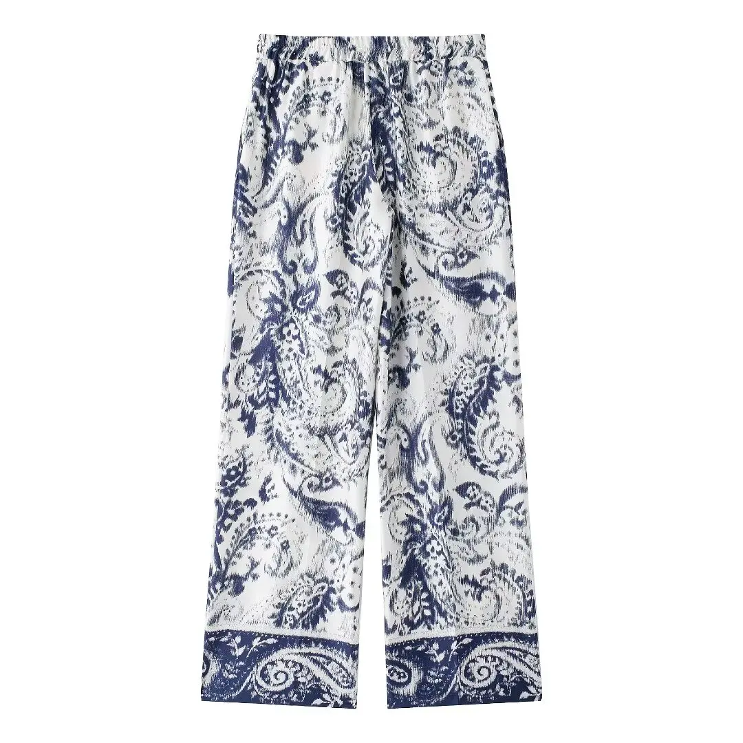 Tangada 2024 Autumn Fashion Women Flower Print Pants Trousers Lady Casual Pants BE0179