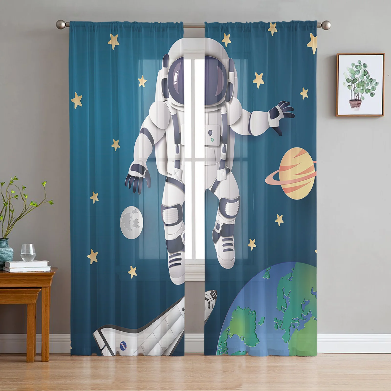 

Space Exploration Creative Astronaut Spaceship Tulle Curtains for Living Room Decoration Chiffon Sheer Voile Kitchen Curtain