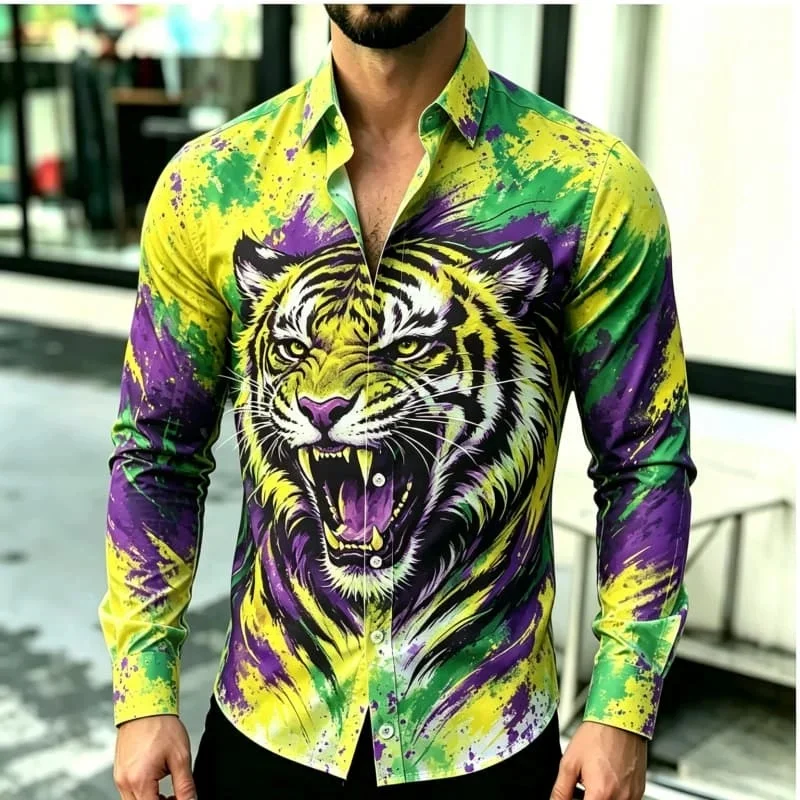 Splashing ink art wild animal print long sleeved shirt, suitable for casual travel and vibrant bohemian vacation style.