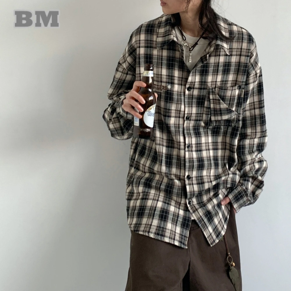 

Японская винтажная вышитая клетчатая рубашка с длинным рукавом, весенне-осенняя мужская и женская модная повседневная рубашка, большой топ в студенческом стиле