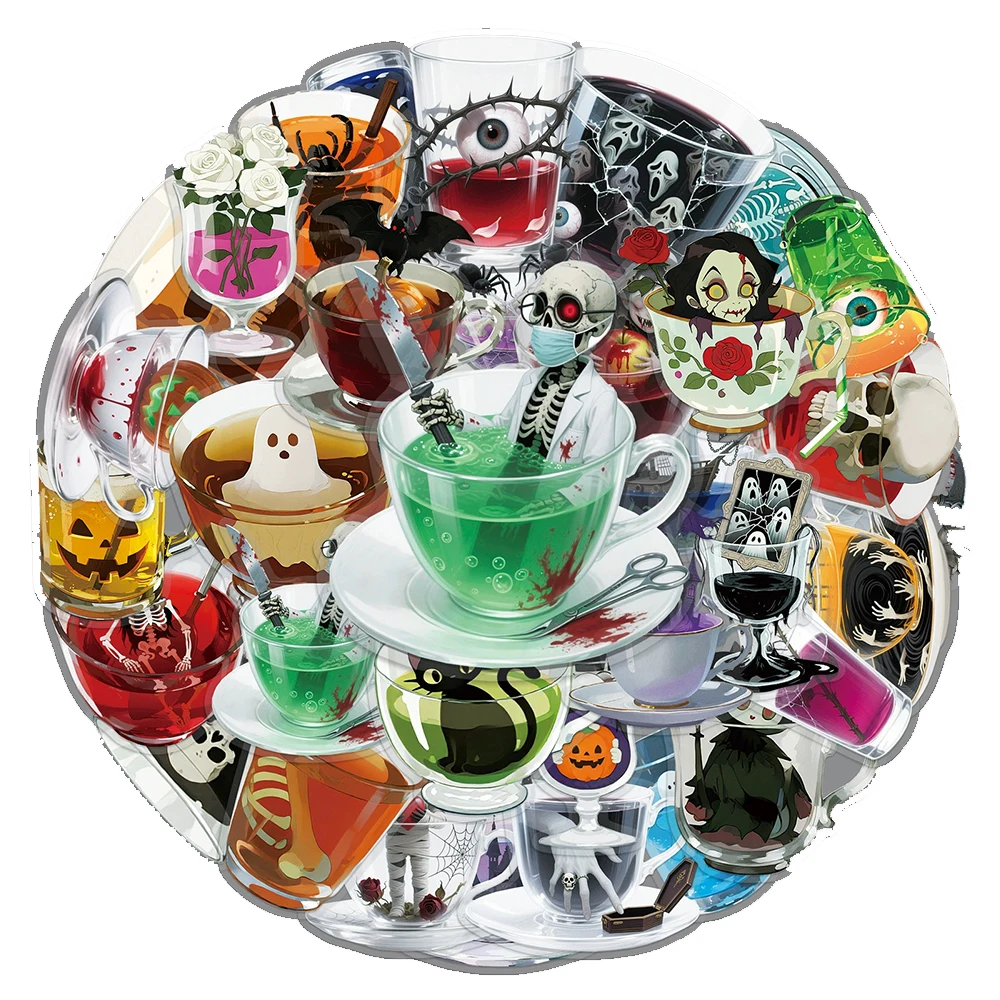 10/30/50pcs Transparent Grotesque Teacup Cartoon Stickers Horror Ghost Skeleton Decals Toys Halloween Decoration Decals Toys