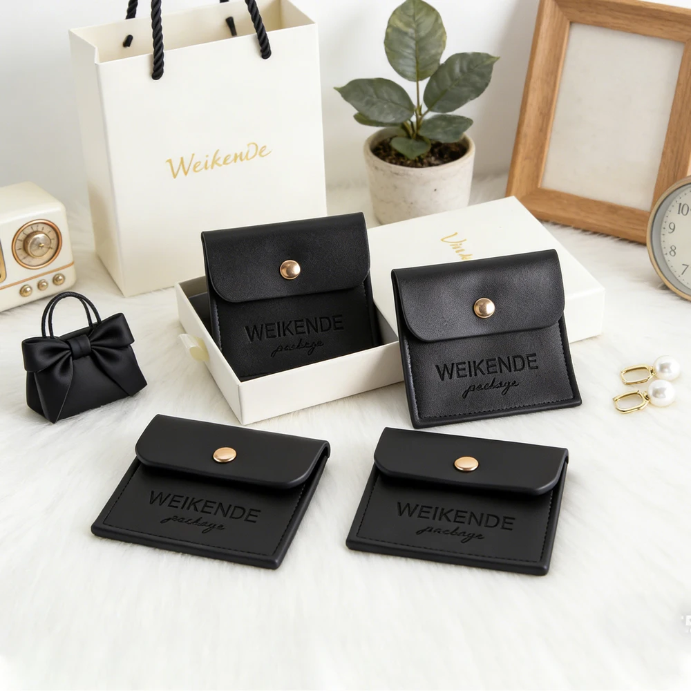 

100Pcs Black PU Leather Jewelry Packaging Bags Custom Logo 6x6cm Small Necklace Ring Bracelet Earring Organizer Storage Snap Box