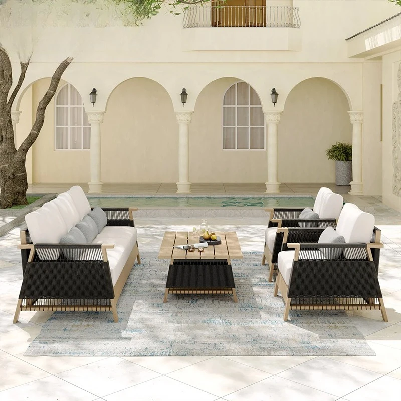 Outdoor sofa rattan courtyard garden preservative wood designer balcony leisure rattan chair hotel aluminum alloy furniture