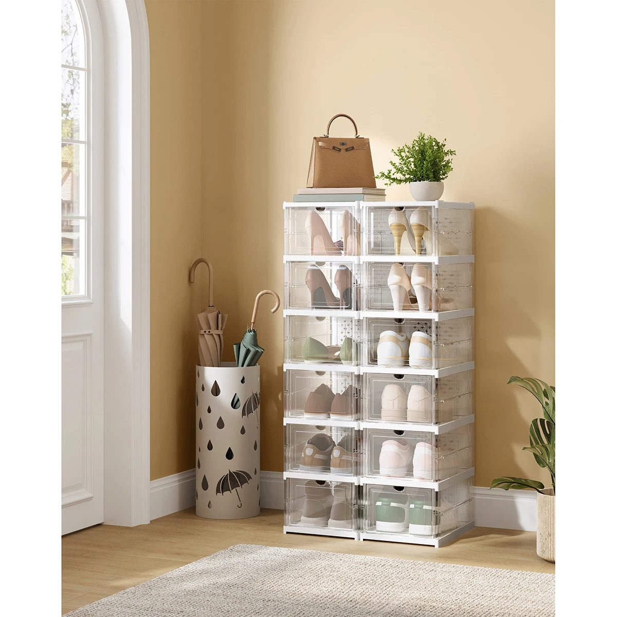 SONGMICS Shoe Boxes, Stackable Shoe Storage Organiser, Set of 2 Integraed Shoe Cabinets, Portable, Fit up to UK size 12