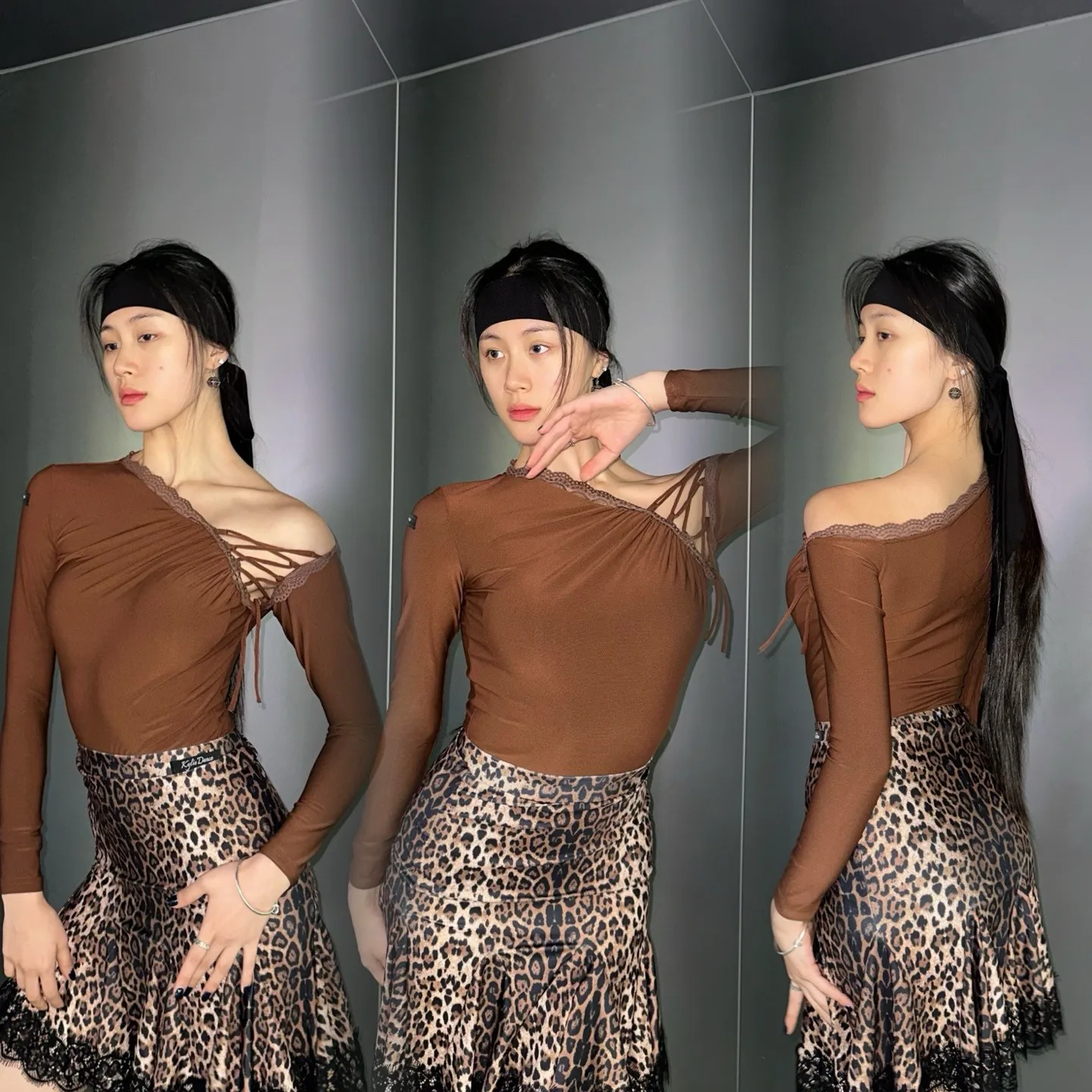 2025 New Women Latin Dance Modern Dance Costumes Lace Sloping Shoulder Jumpsuit Practice Clothes Ballroom Dance Clothing DN21791