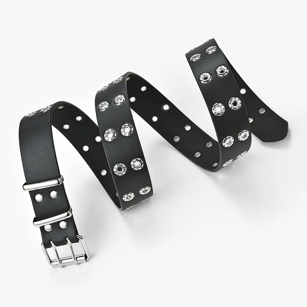 Ceinture en cuir PU à double trou pour jeans décoratifs, ceinture en métal, ceinture noire, personnalité punk