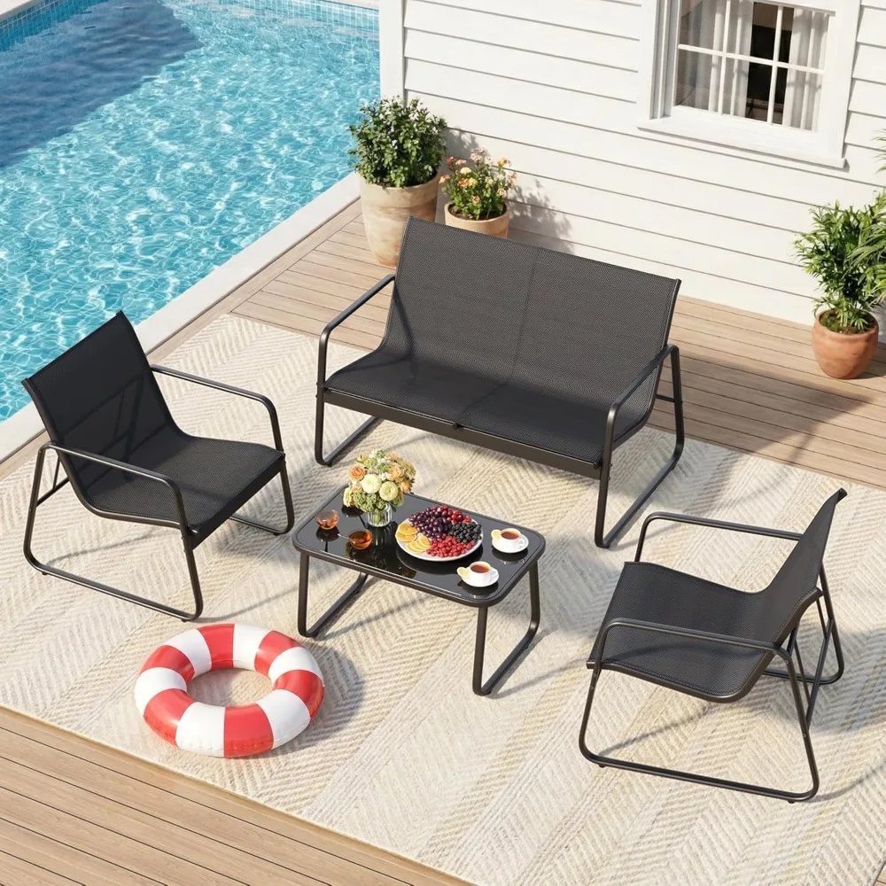 

4 Piece Patio Furniture Set, Outdoor Patio Furniture with Loveseat and 2 Single Chairs, Bistro Table and Chairs Set, Customized