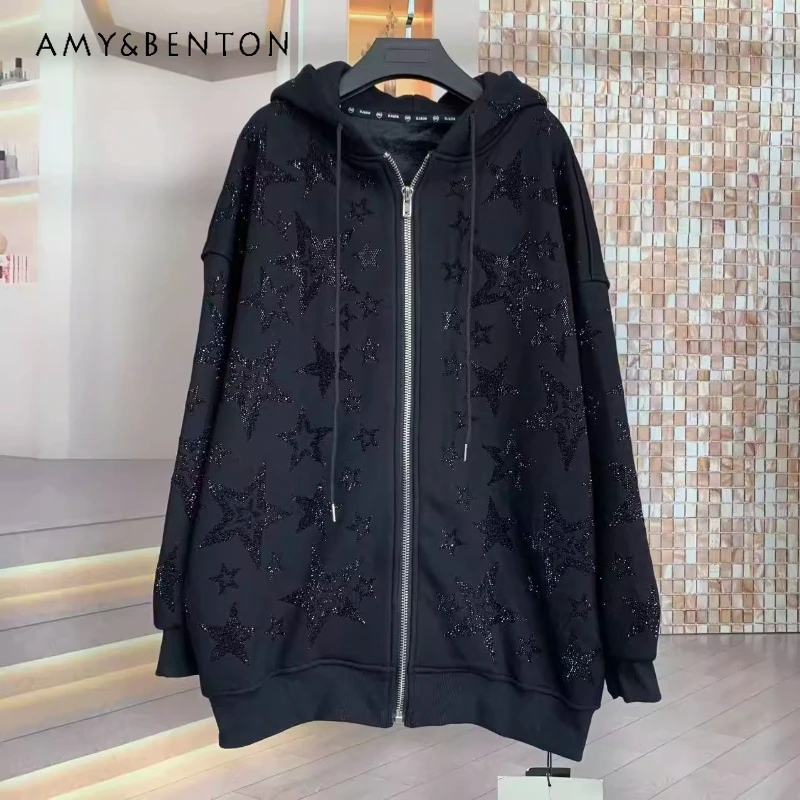 

2025 Winter Fleece Hoodies Fashion Full Diamond Five-Pointed Star Popular Long-Sleeved Hooded Cardigan Sweatshirt Women's Jacket