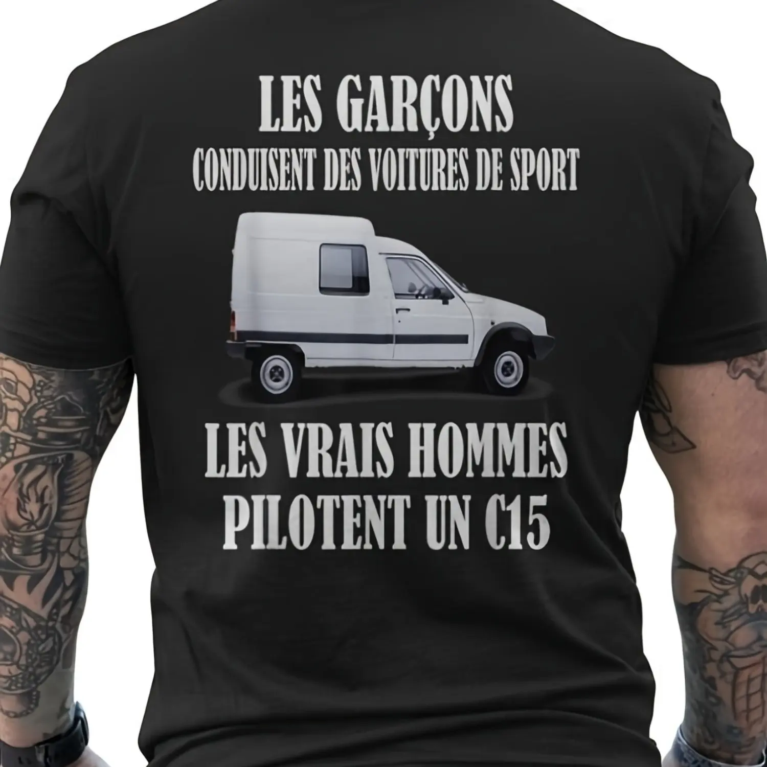 Lustiges französisches Fahrzitat-T-Shirt für Herren – „Boys Drive Sports Real Men Drive C“-Rückendruck mit Vintage-Van-Design