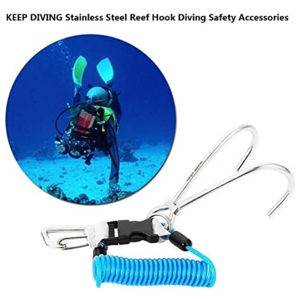 Heavy Duty 316 Stainless Steel Double Ended Reef Hook with Spring Loaded Safety Lanyard for Use in Strong Water Currents
