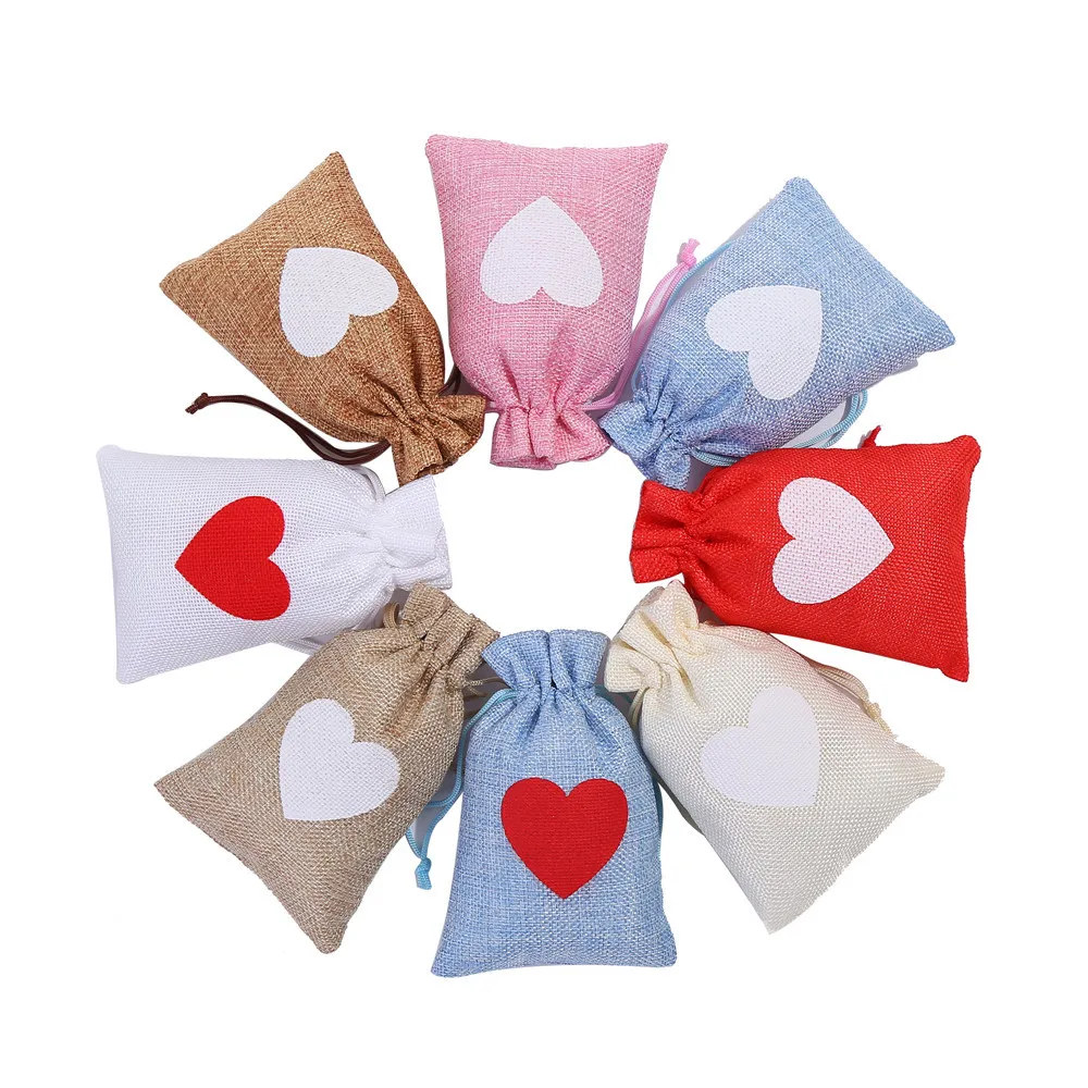 

50Pcs/Lot Newly 10*15cm 13*18cm Heart Design Linen Pouches Valentine's Day Candy Christmas Gift Packaging Drawstring Bags