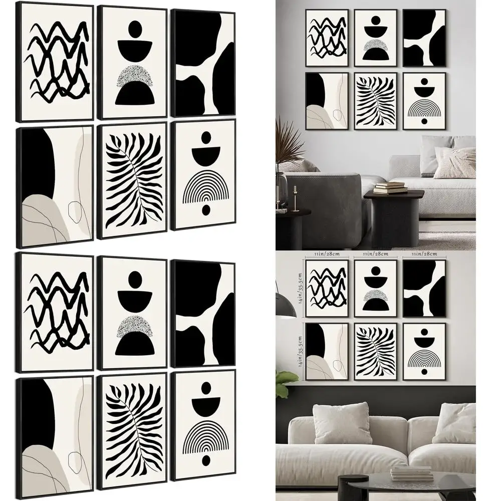 

Minimalist Geometric Artwork - Boho Style Framed Wall Decor for Mid-Century Modern Living & Bedroom, 11x14, Set of 6 (Black Fram