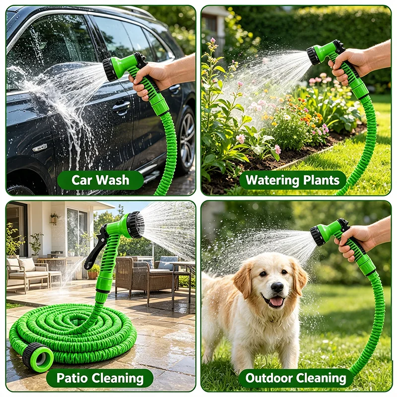 15M 50FT Expandable Magic Garden Hose High‑Pressure Water Gun 7 Spray Functions Retractable Hose for Car Wash Garden Watering