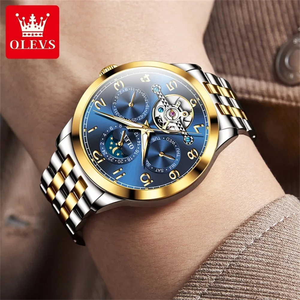 OLEVS 7018 Hollow Luxury Mechanical Watch For Men Moonswatch Number Dial Waterproof Man Watches Auto Date Original WristWatch