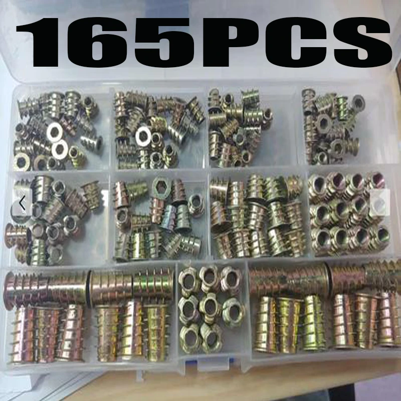 165PCS Threaded Inserts Nuts M4/M5/M6/M8 Furniture Screw in Nut Wood Inserts Metric Bolt Fastener Hex Socket Drive for Wood