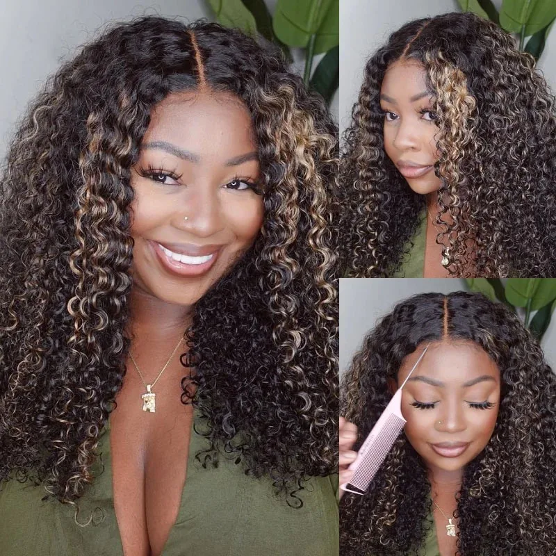 

13x6 Highlight Wig Human Hair Brown Lace Front Wig Kinky Curly Human Hair Wigs For Women Deep Wave Transparent Lace Frontal Wig