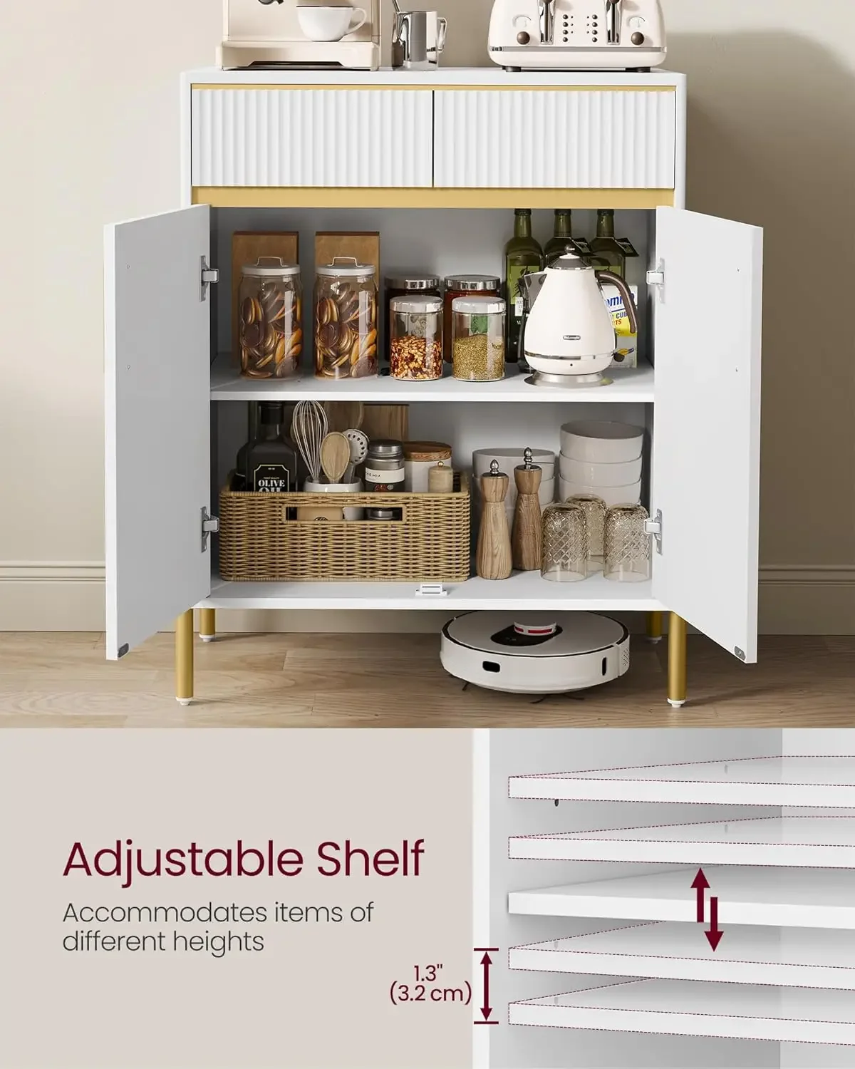 Armoire avec Rangement, Buffet de Rangement avec Portes, Étagère Réglable, Cannelé MELFront, Accen