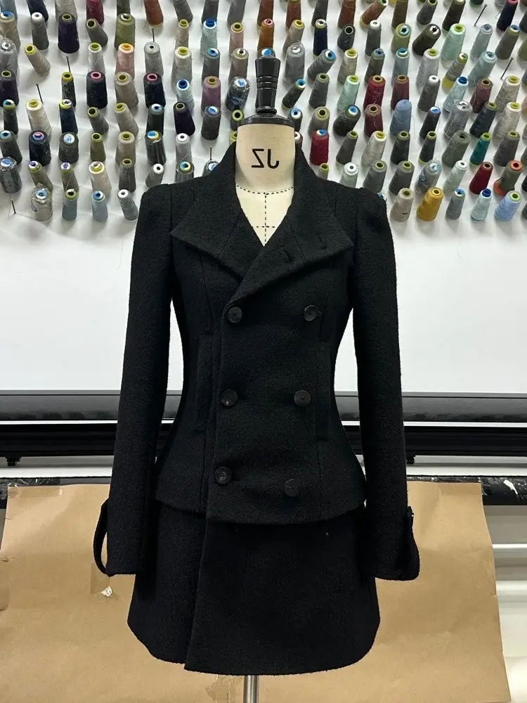 

Autumn Winter French Elegant Vintage 2 Pieces Sets Female Double-breasted Woolen Coat + High-waisted Short Skirt Woman Clothes