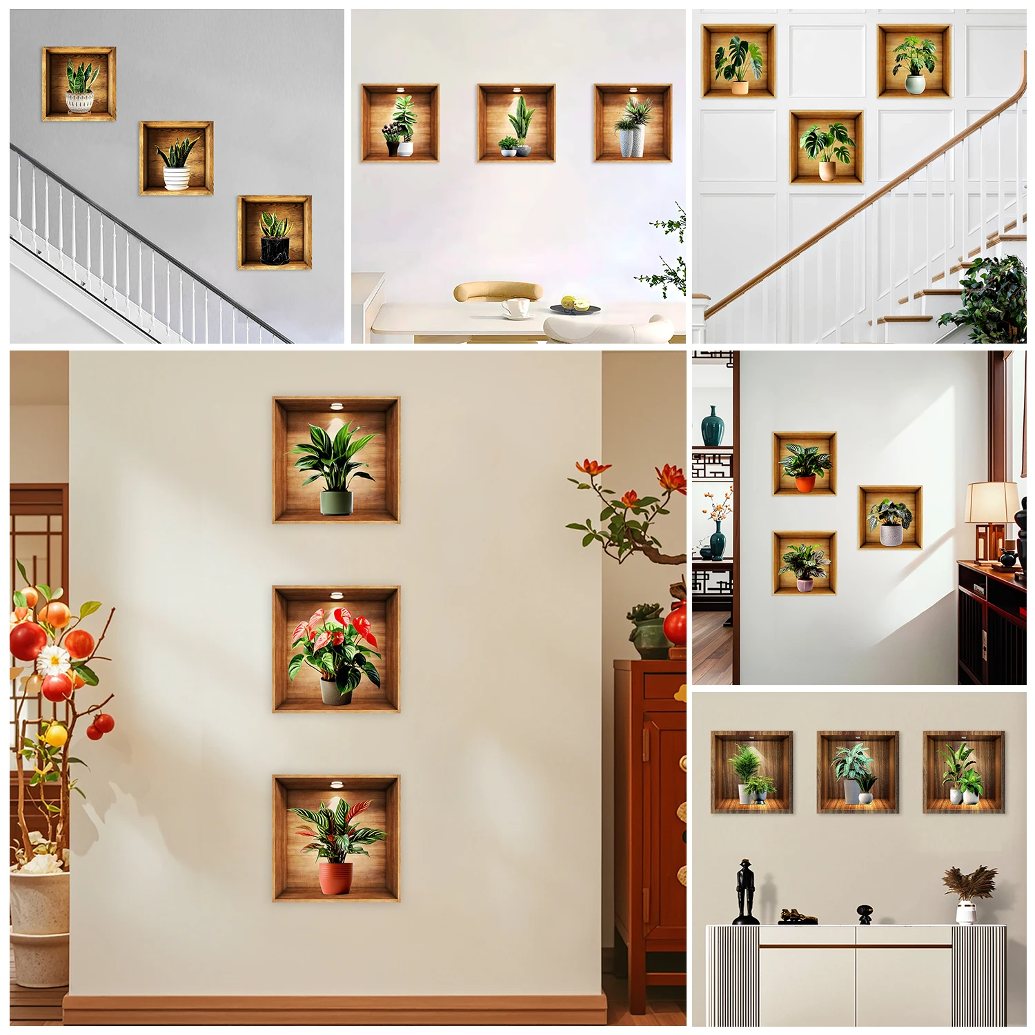 3pcs/set Plant Potted Plants Cabinet Stairway Entrance Hall Decor Wall Stickers Peel & Stick Frameless Wall Art Mural Decals