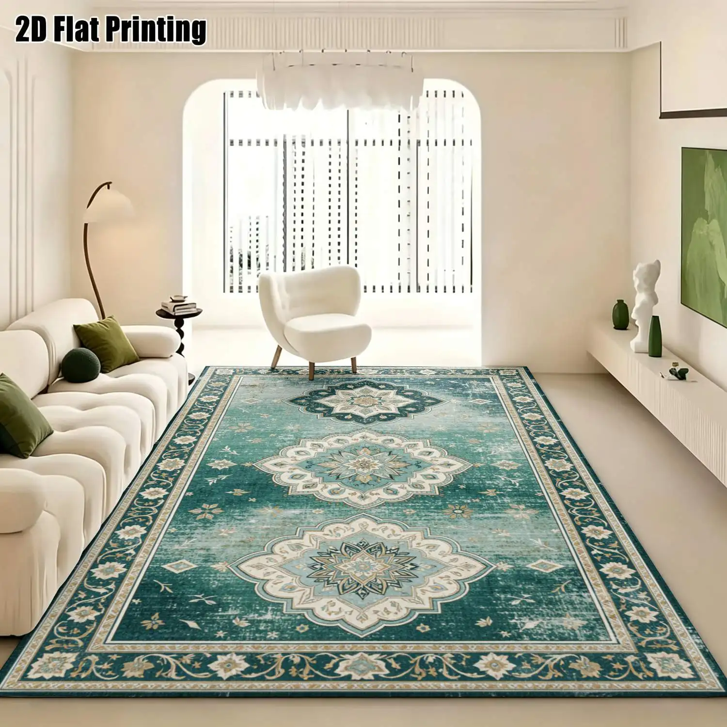 1Pc 2D Printed Dark Green Retro Ethnic Pattern Carpet: European/Bohemian Style, Home Decor, Multi-Size, Machine Washable, for Entrance, Dining, Foyer, Bedroom, Study, Living Room
