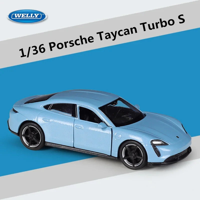 1:36 WELLY Porsche Taycan Turbo S Blue Simulation Alloy Car Model Diecast Metal Toy Vehicle Collection Gift Children Toys