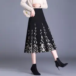 Ethnic Style Jacquard Knitted Skirt for Women Winter New Slim Pleated Skirt Mid-length Large Hem Woolen A-line Skirt