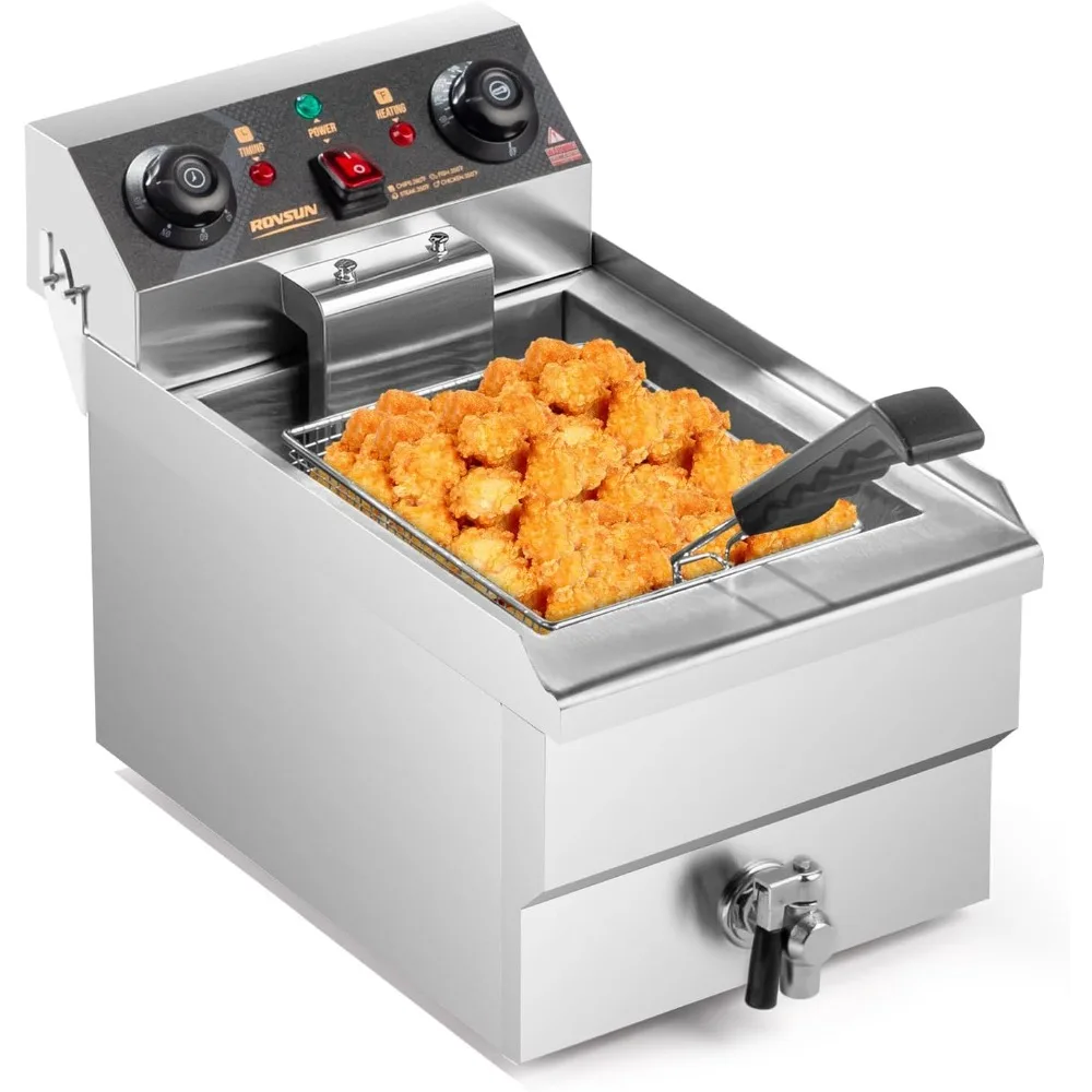 with Basket, Timer, Drain, and Lid, Commercial Single Tank Frying Machine Electric Deep Fryer 12.5 Quart/11.8 Liter