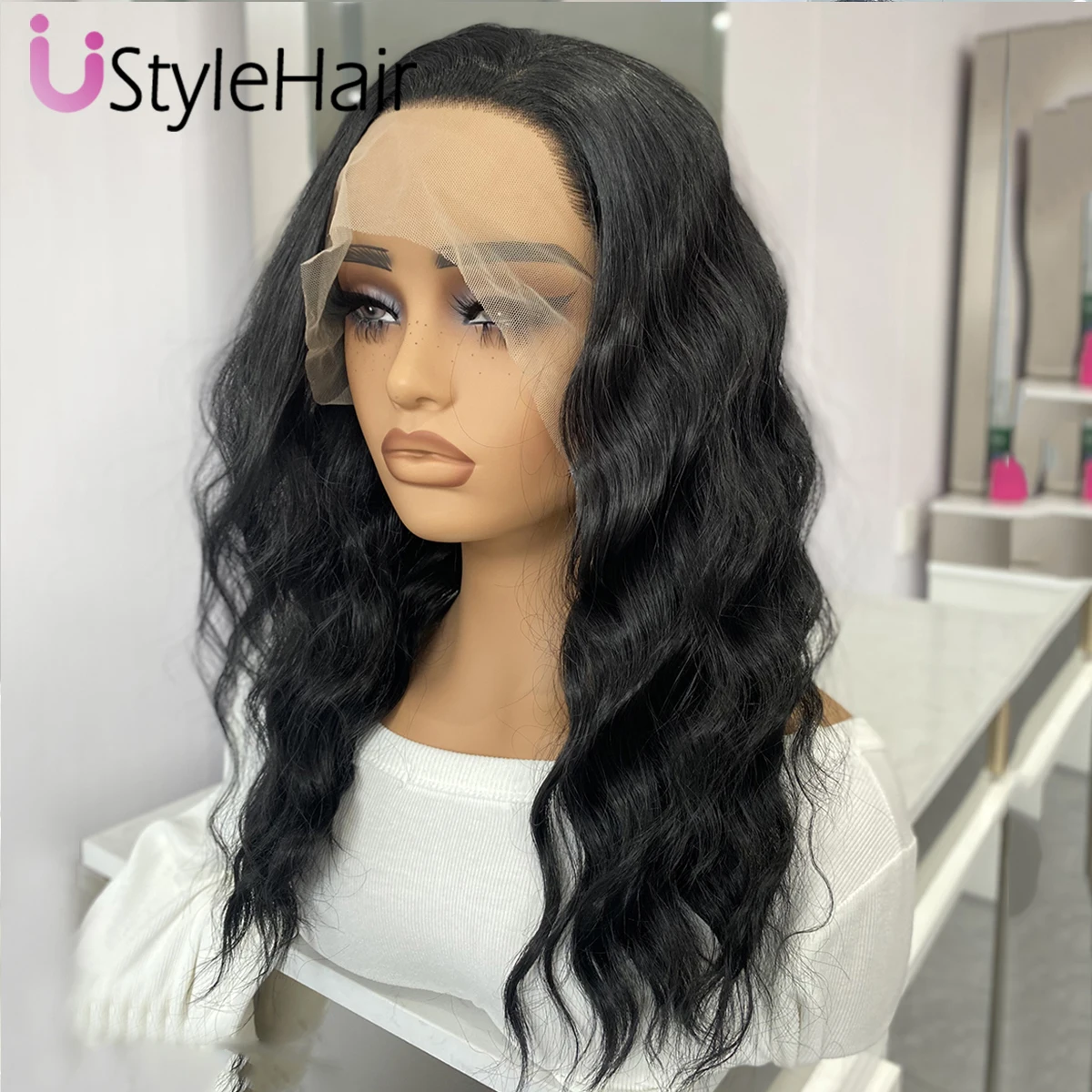 UStyleHair أسود قصير موجة شعر مستعار الاصطناعية الدانتيل شعر مستعار أمامي للنساء شعري طبيعي الاستخدام اليومي الباروكات ألياف مقاومة للحرارة الشعر