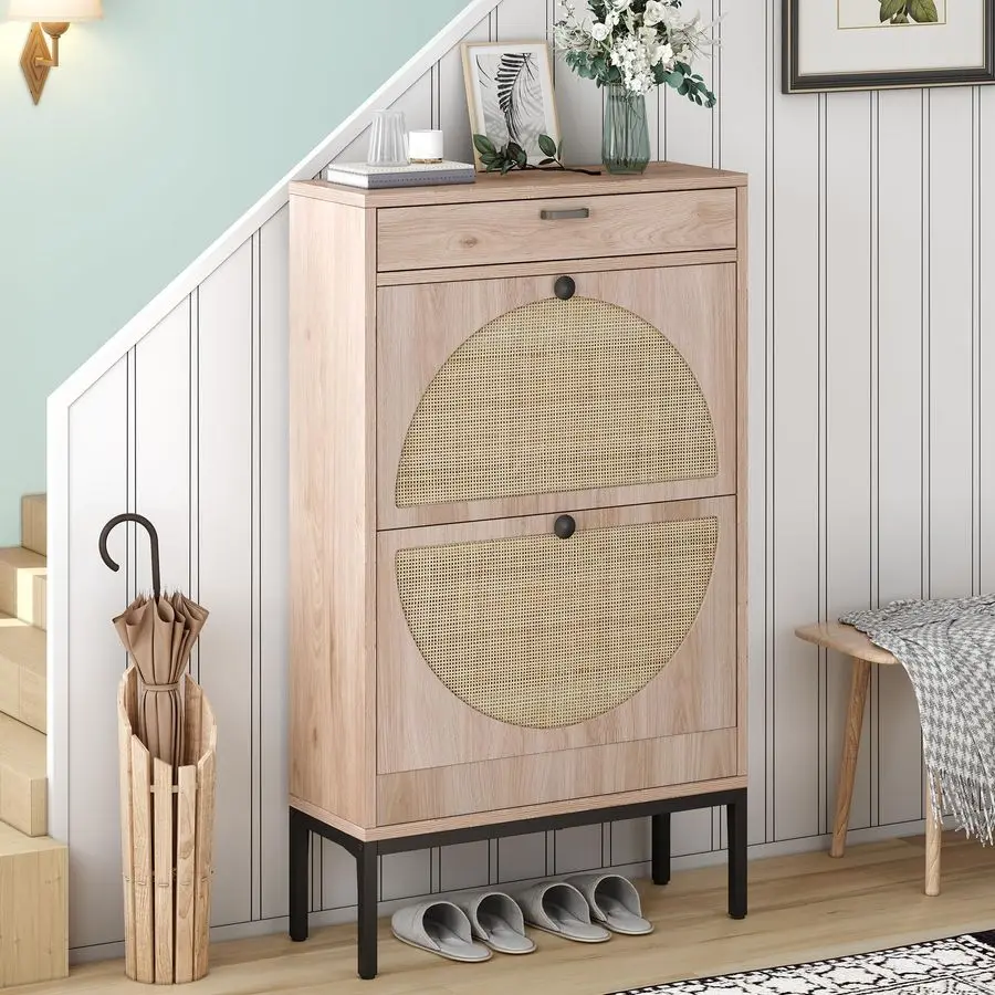

Shoe Storage Cabinet with 2 Flip Drawersamp1 Small Drawer, Slim Entryway Shoe Organizer with Half Round Woven Ratta Customizable