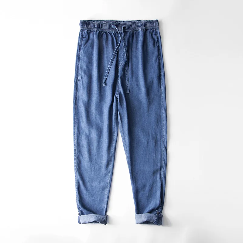 Summer Cotton Linen Thin Jeans Pants Men Soft Fabric Elastic Waist Denim Trousers Male Clothes Korea Baggy Straight Casual Pants