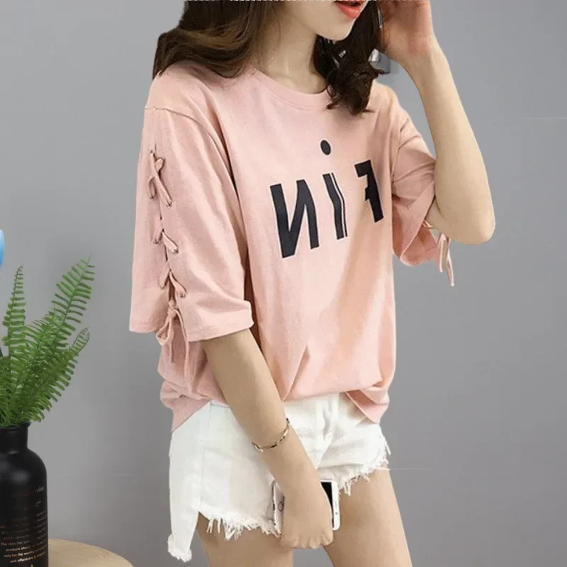 Summer New Uniqueshort Sleeves T-shirts Women's 2024 Korean Style Loose Fit Half Sleeves Top Letter Print Women's Clothing