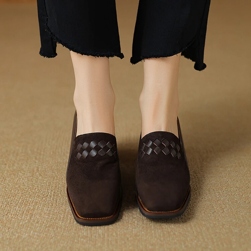 NEW Spring/Autumn Women Loafers Sheep Suede Leather Shoes for Women Square Toe Chunky Heel Black Shoes Concise Weave Women Pumps