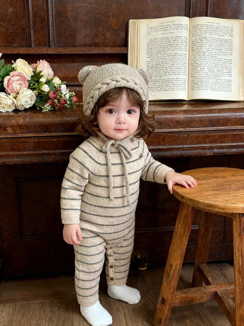 Autumn Korean Striped Baby's Wrap-up Clothes Baby's Long-sleeved Soft Knitted Climbing Suit Soft and Warm Jumpsuit & One-Pieces