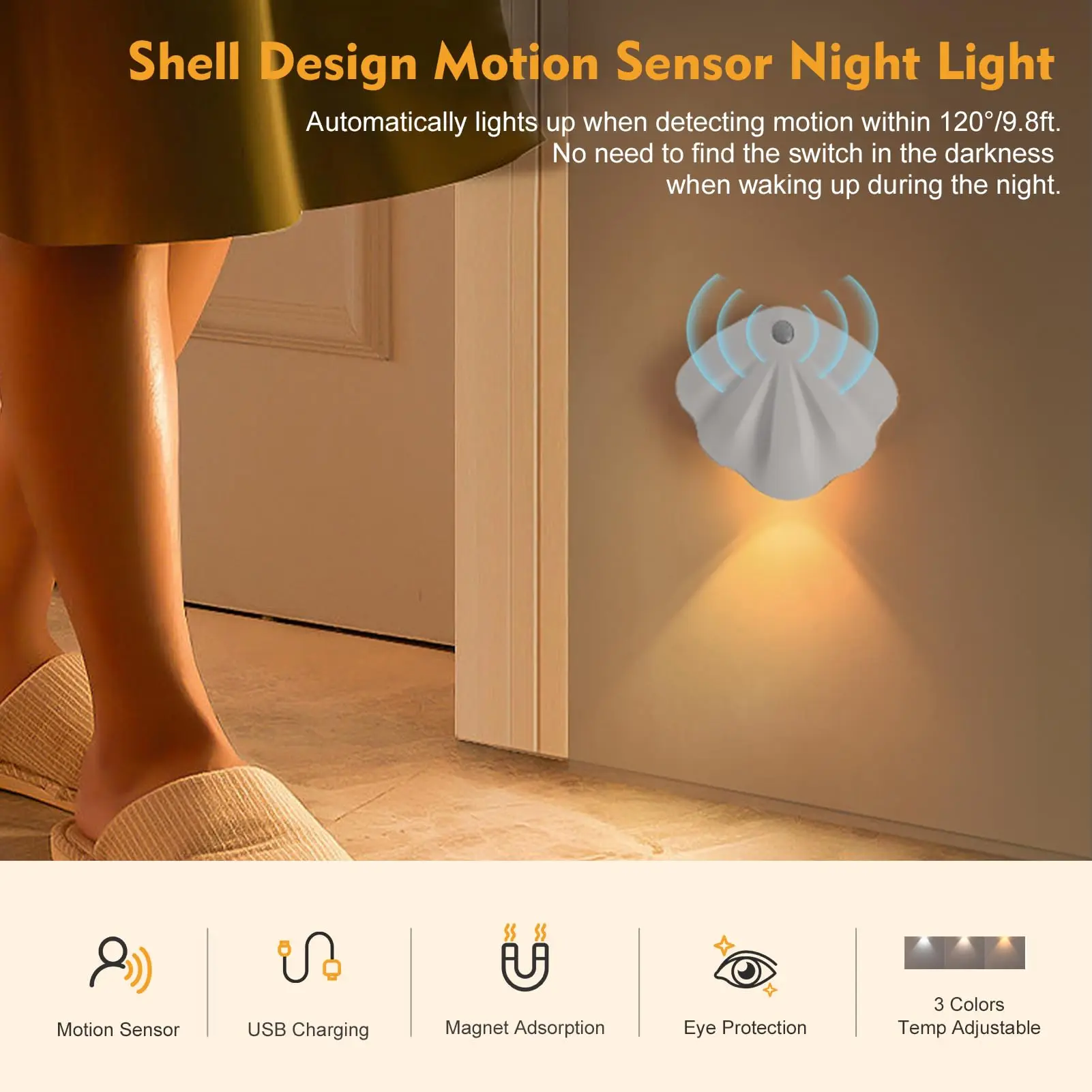 Motion Sensor Night Light, Rechargeable Battery Operated Wall Sconce, Dimmable LED Shell Lamp, Wireless Magnetic Wall Light