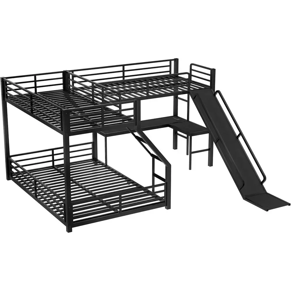 L-Shape Twin XL/Queen Bunk Bed with Desk and Slide, Triple Bunk for 3 Kids, Metal, Black view 5