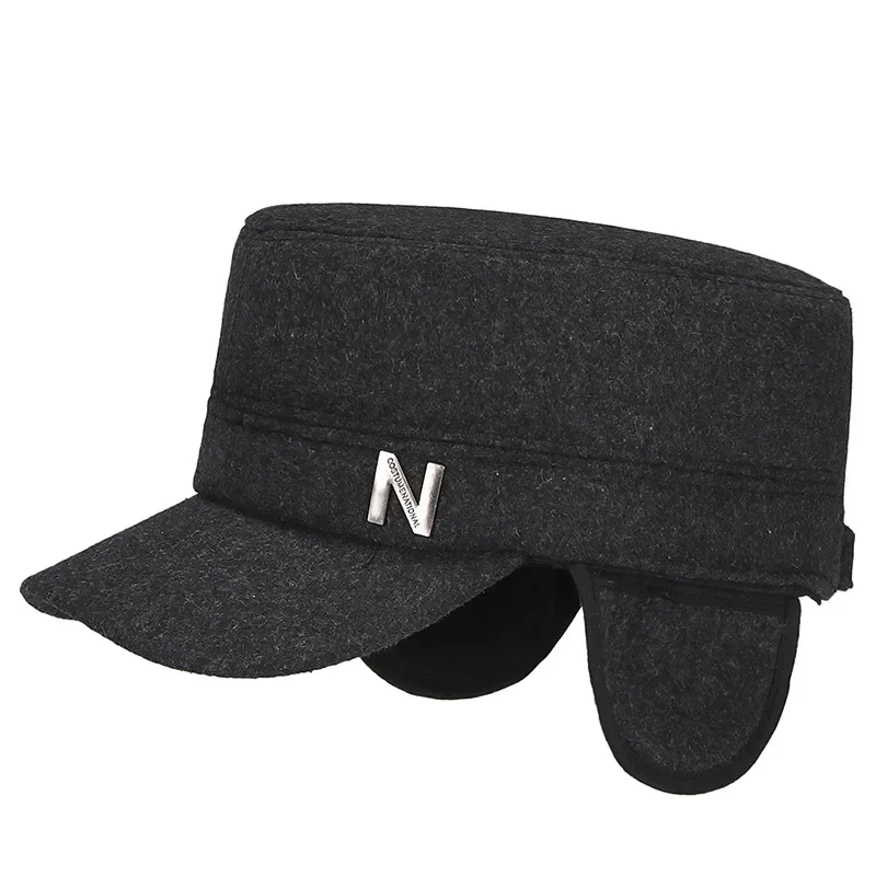 Autumn Winter Men Woolen Felt Flat Top Cap Hat with Velvet Warm Earflaps Outdoor Casual Baseball Caps Casquette Male Cotton Hat