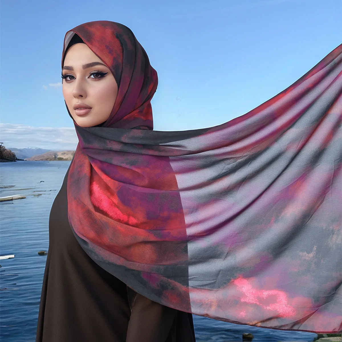 New Tie Dye Chiffon Digital Print Long Scarf, Ethnic Women's Fashion Lightweight Breathable Turban Headwrap Cross Border