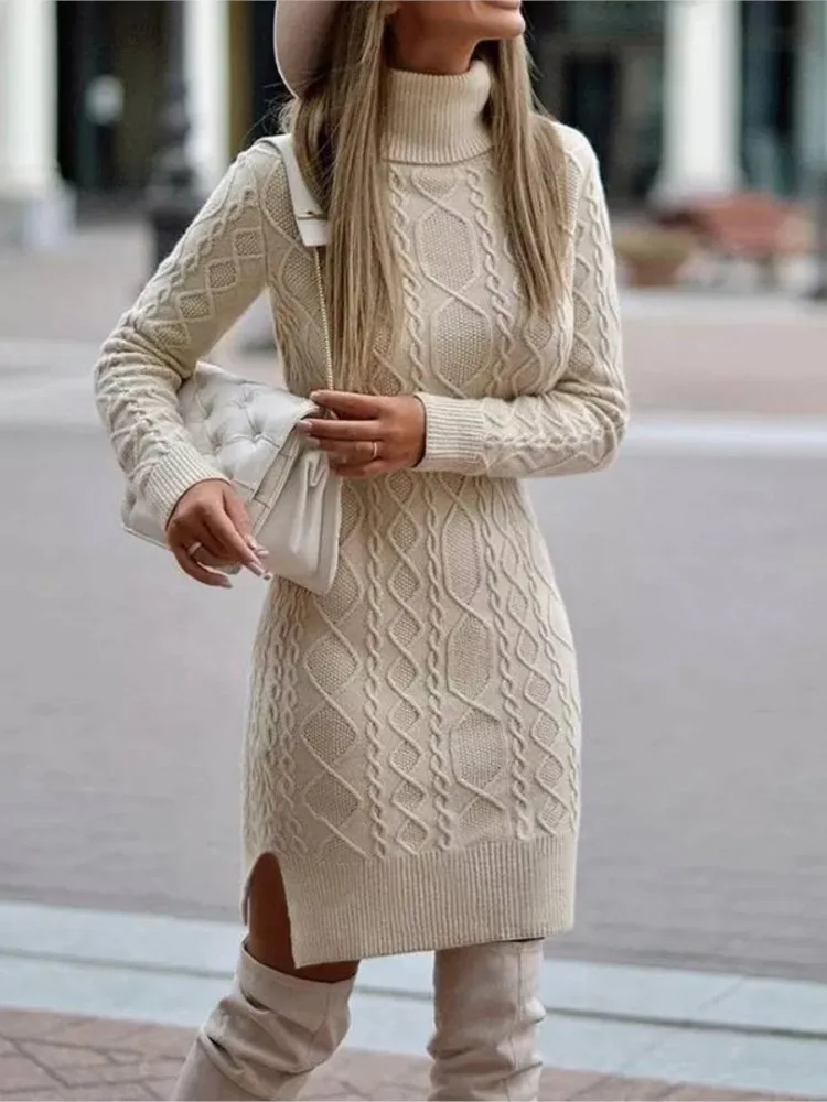 2024 Autumn Winter Fashion Women Knitted Wrap The Buttocks Warm And Thickened Elegant Knitted Sweater Long Sleeve New Dress