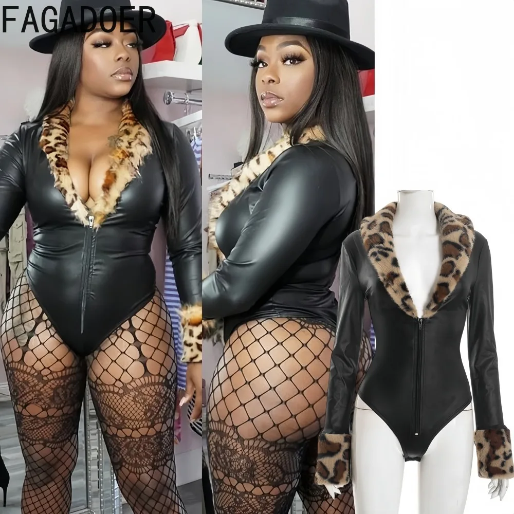 FAGADOER, peleles sexis de piel de cuero con retales para mujer, monos de manga larga con cuello en V profundo y estampado de leopardo, ropa para discoteca para mujer, monos nuevos