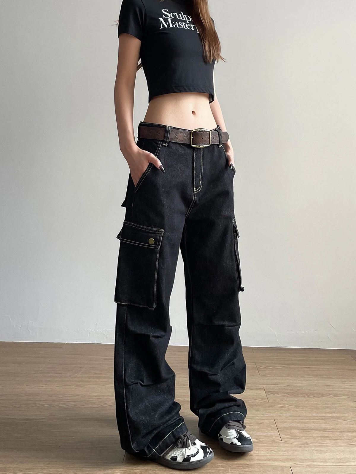 

Aket American Sle Ретро многоэтажная плиссированная рабочая одежда Джинсы Женские новые уличные свободные универсальные длинные брюки Повседневные джинсы