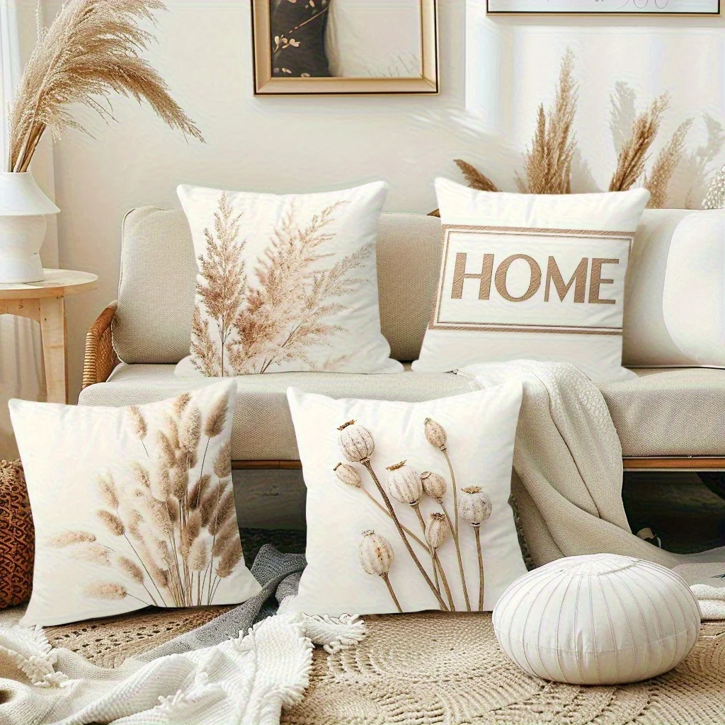 

Pillow Covers Throw Pillowcases 18x18 Inch Bohemian Country Pastoral Style Neutral Dry Plant Home Pattern Soft Lattice Polyester Invisible Zipper Cushion Case Cover Home House Living Room Sofa Couch Chair Bed Bedroom Sitting Room Decoration Aesthetic Gift