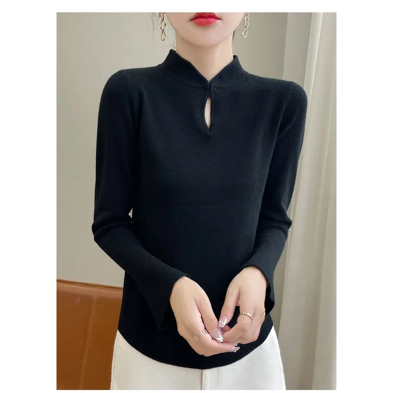 Chinesischen Stil Stehkragen Wolle Gestrickte Bodenbildung frauen Herbst und Winter Innere Tragen Design Pullover Schlanke Glocke Ärmeln