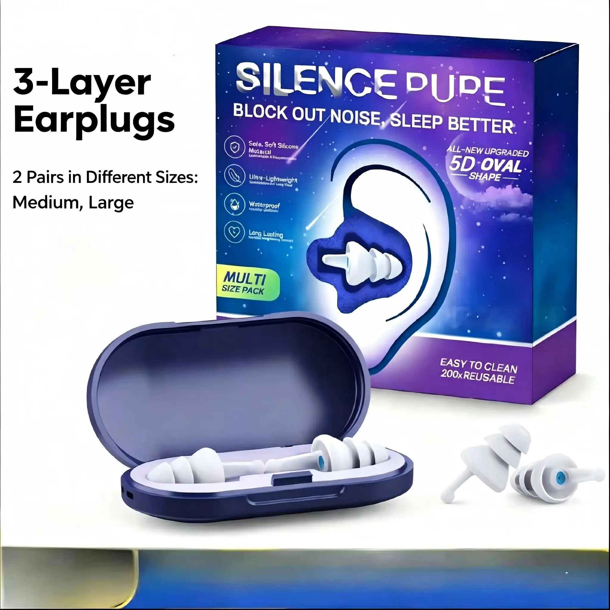 Bouchons d'oreilles en silicone réutilisables pour dormir, anti-bruit, pour le sommeil, les voyages, le travail, les études
