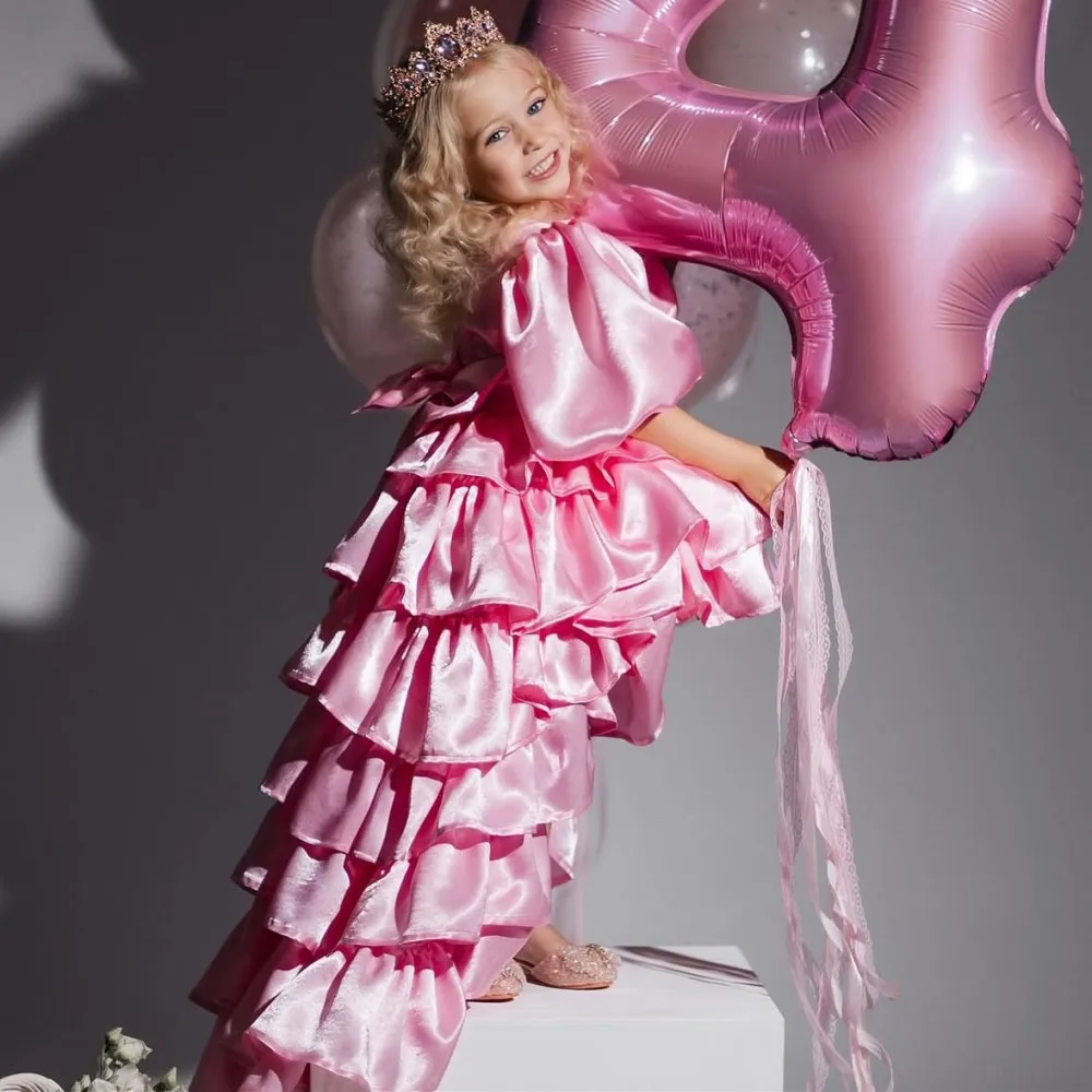 

Pink Layer Party Baby Girls Dress High Low Puffy Sleeves Kids Birthday Dress Little Girls Holiday Gowns